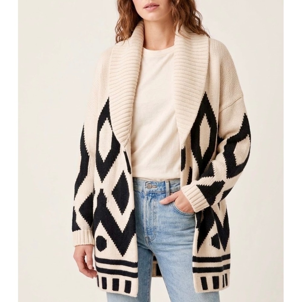 J Crew Cardigan Sweater Merino Wool Geometric Shawl Navy Cream Small